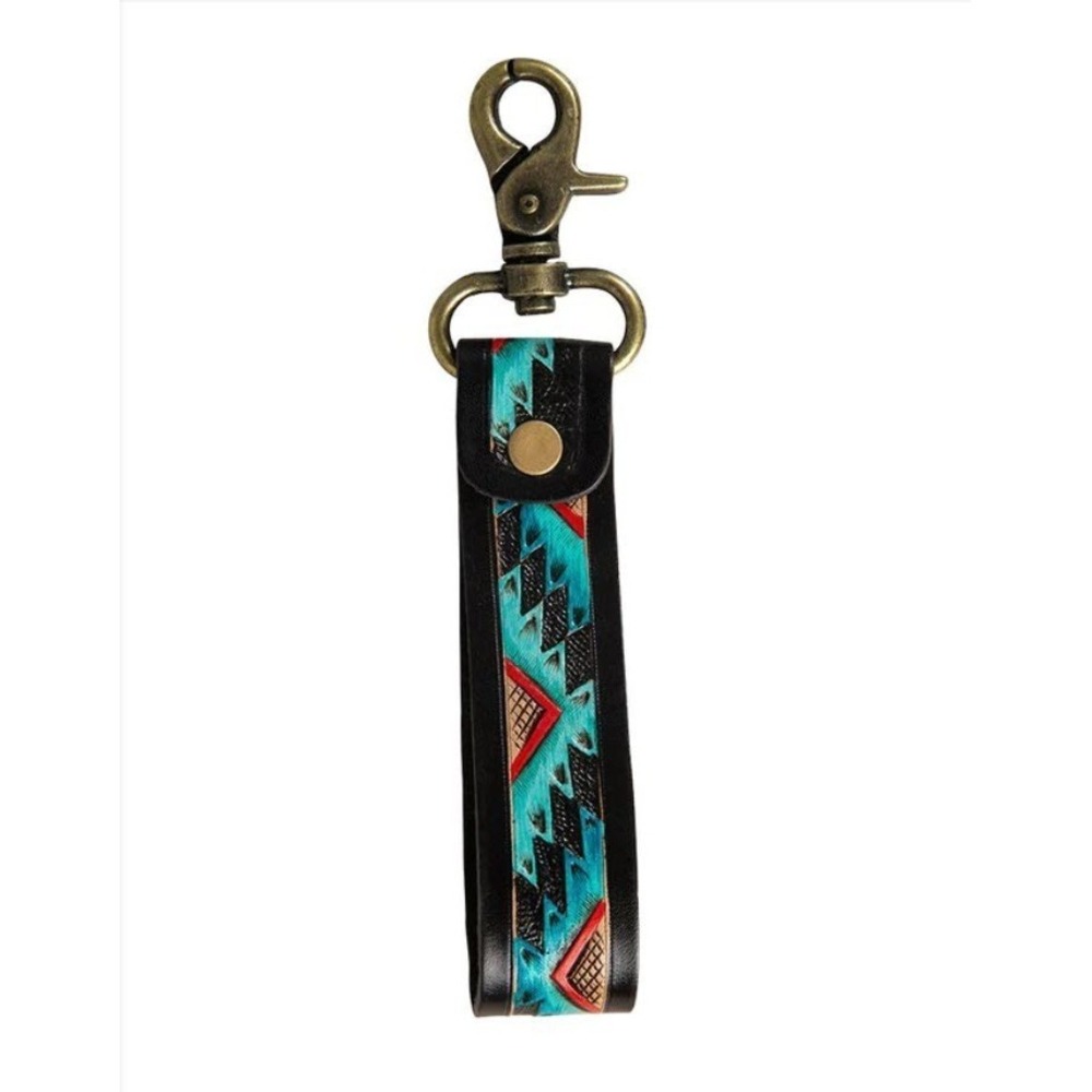Myra Bag Mesa Verde Aztec Keychain FOB Red Turquoise Black Tooled Leather S-7545 - Picture 2 of 2